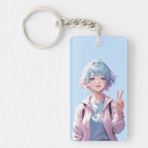 Anime girl peace sign design keychain
