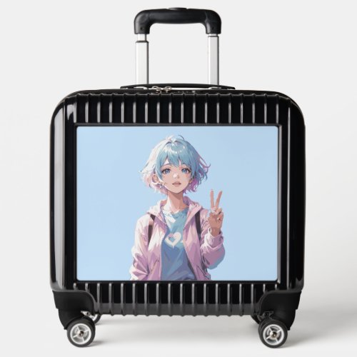 Anime girl peace sign design luggage