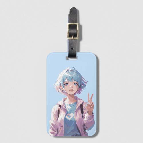 Anime girl peace sign design luggage tag