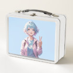 Anime girl peace sign design metal lunch box