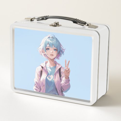 Anime girl peace sign design metal lunch box