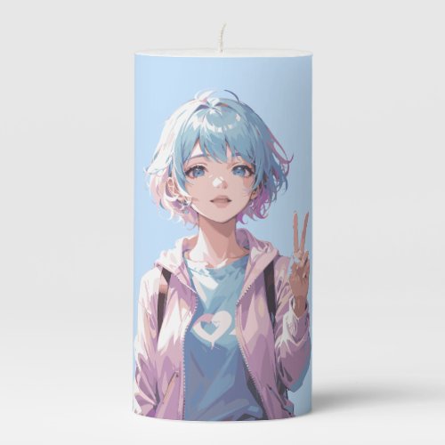 Anime girl peace sign design pillar candle
