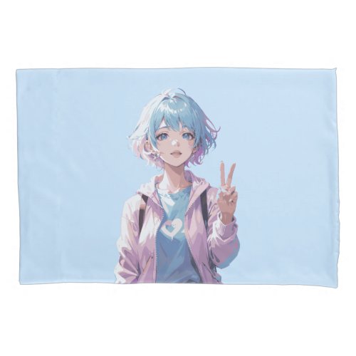Anime girl peace sign design pillow case