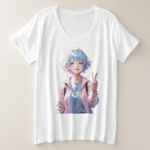 Anime girl peace sign design plus size T_Shirt