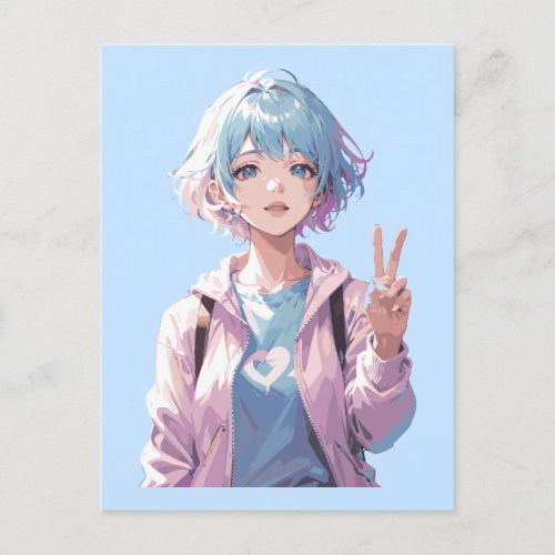 Anime girl peace sign design postcard