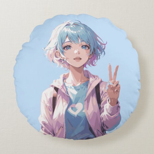 Anime girl peace sign design round pillow