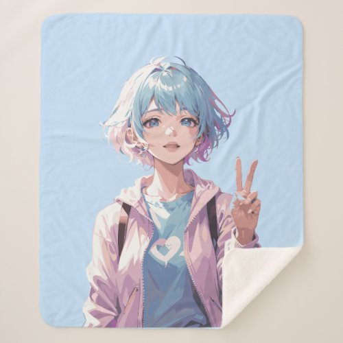 Anime girl peace sign design sherpa blanket