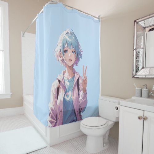 Anime girl peace sign design shower curtain