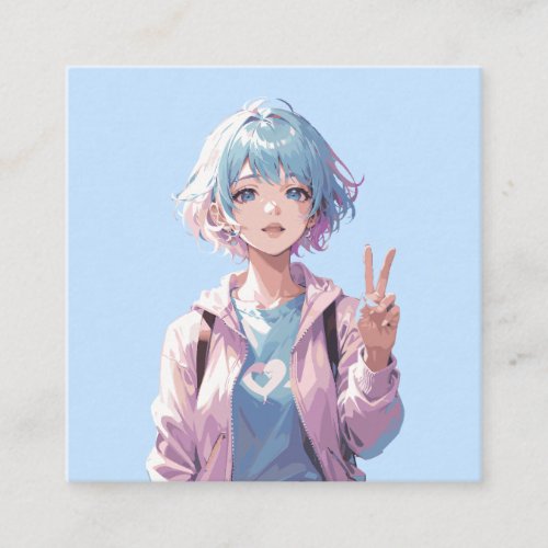 Anime girl peace sign design square business card