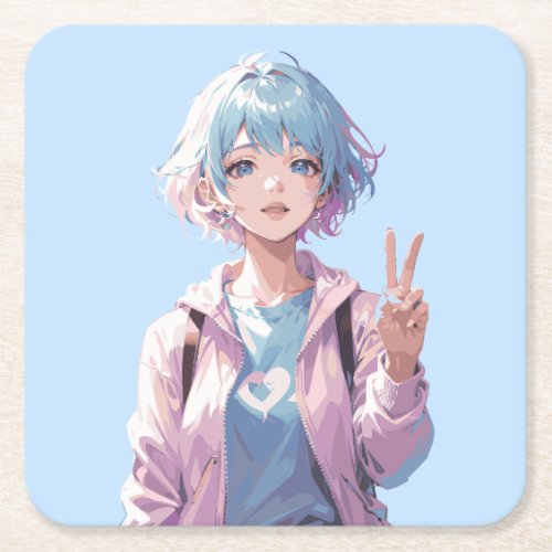 Anime girl peace sign design square paper coaster