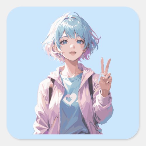 Anime girl peace sign design square sticker