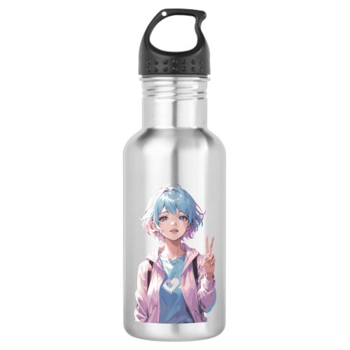 Anime girl peace sign design stainless steel water bottle