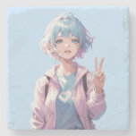 Anime girl peace sign design stone coaster