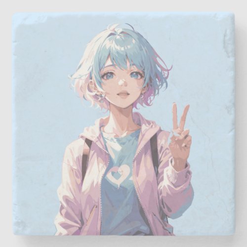 Anime girl peace sign design stone coaster