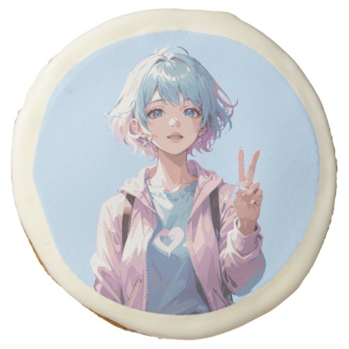 Anime girl peace sign design sugar cookie