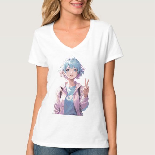 Anime girl peace sign design T_Shirt