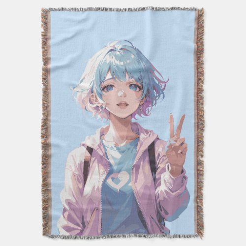 Anime girl peace sign design throw blanket