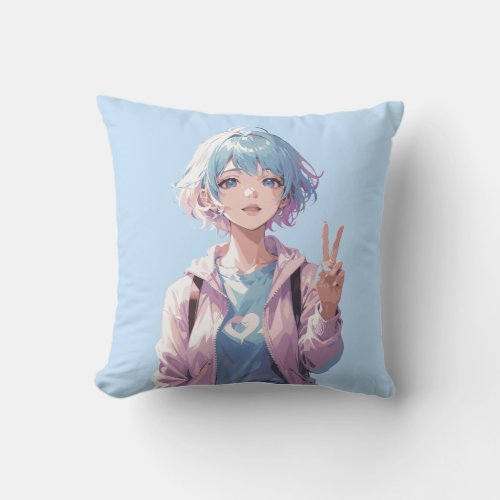 Anime girl peace sign design throw pillow