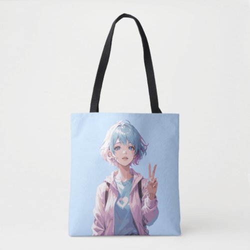 Anime girl peace sign design tote bag