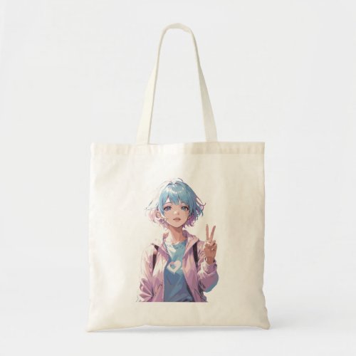 Anime girl peace sign design tote bag