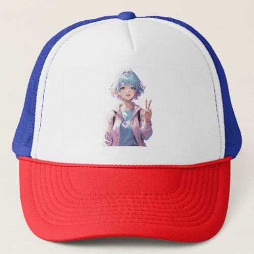 Anime girl peace sign design trucker hat