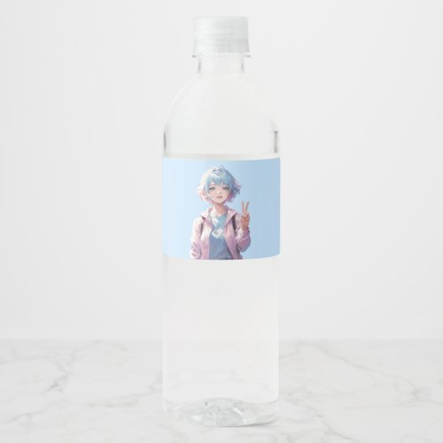 Anime girl peace sign design water bottle label