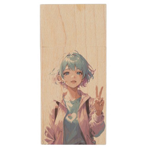 Anime girl peace sign design wood flash drive
