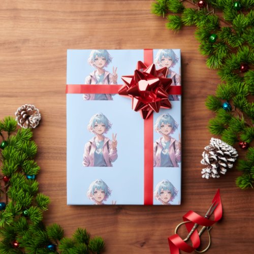 Anime girl peace sign design wrapping paper