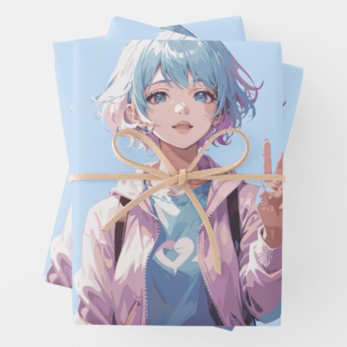 Anime girl peace sign design wrapping paper sheets