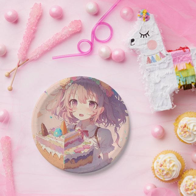  Anime Girl Piece of Cake Whimsical Birthday Paper Plates (Party)