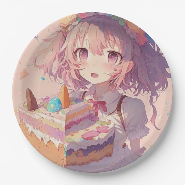  Anime Girl Piece of Cake Whimsical Birthday Paper Plates (Front)