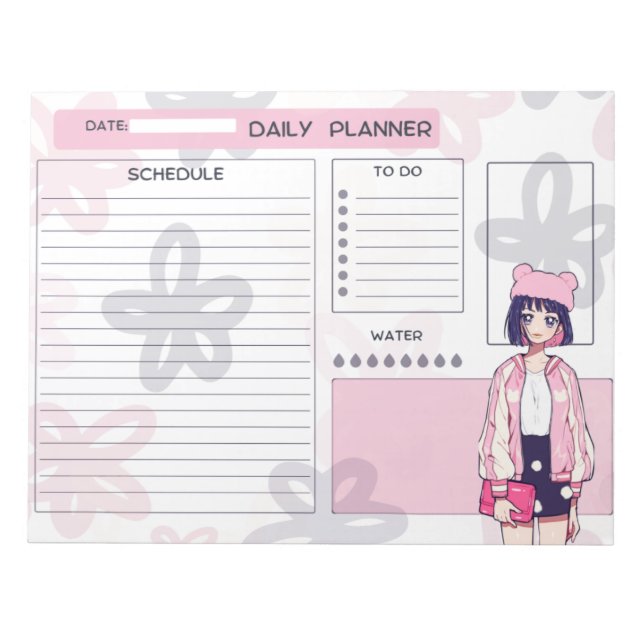 Anime Girl Pink and Purple Daily Planner Notepad (Front)