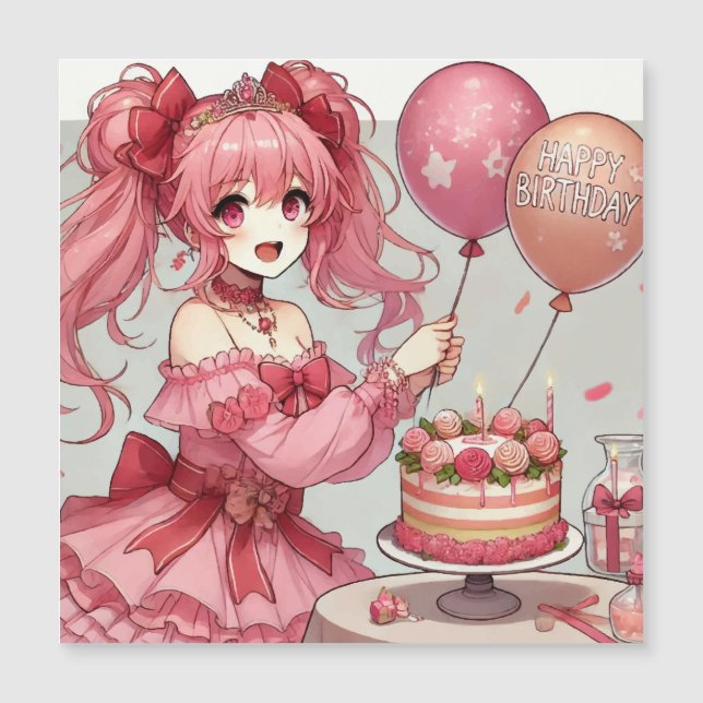 Anime girl Pink birthday magnetic card (Front)