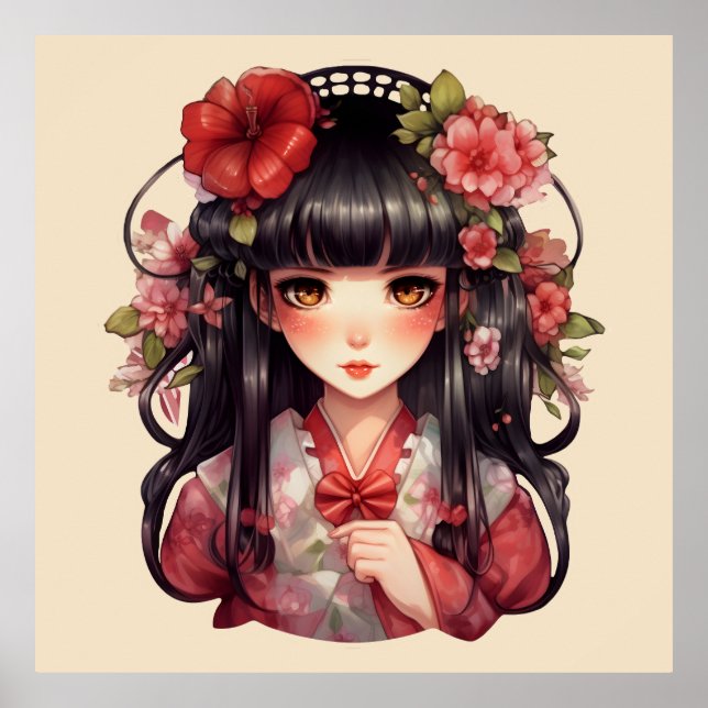 Anime girl pink flowers poster (Front)