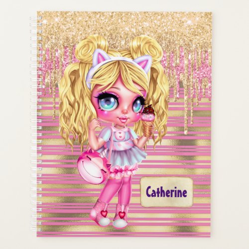 Anime girl pink gold glitter girly girls DIY name Planner