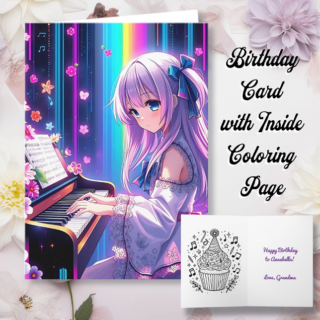 Anime Girl Playing Piano Personalized Birthday Card (Creator Uploaded)