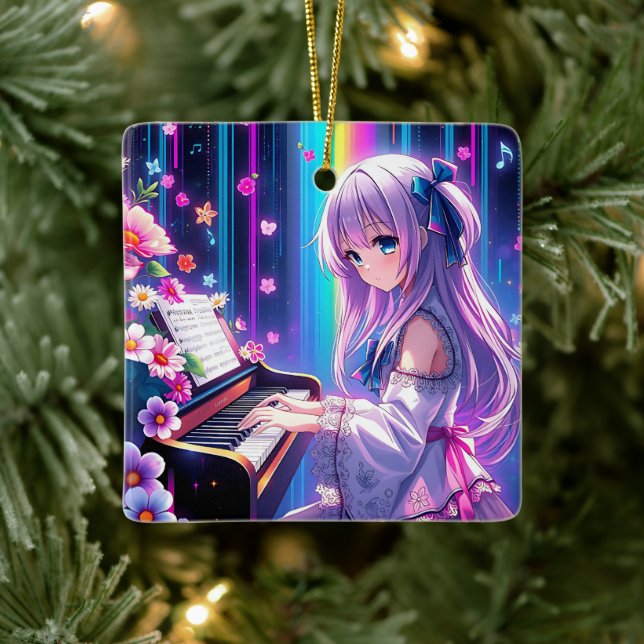 Anime Girl Playing Piano Personalized Christmas Ceramic Ornament (Tree)