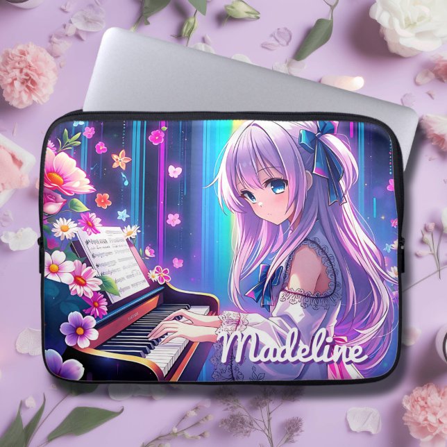 Anime Girl Playing Piano Personalized Laptop Sleeve (Creator Uploaded)