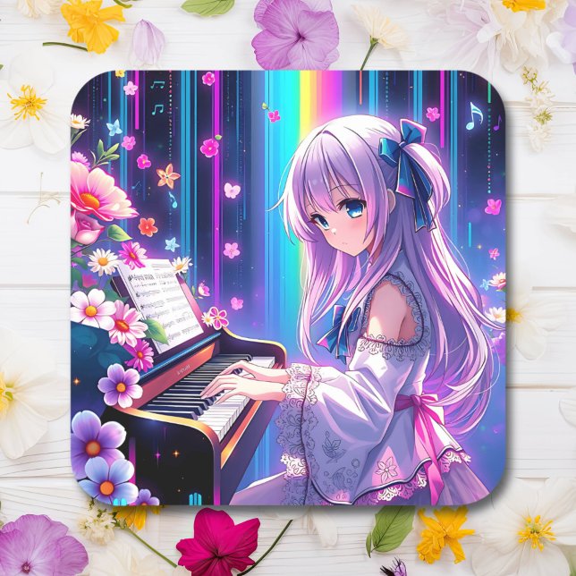 Anime Girl Playing Piano   Square Sticker (Creator Uploaded)
