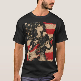 Anime Girl Playing The Guitar 4Th Of July Usa T-Shirt