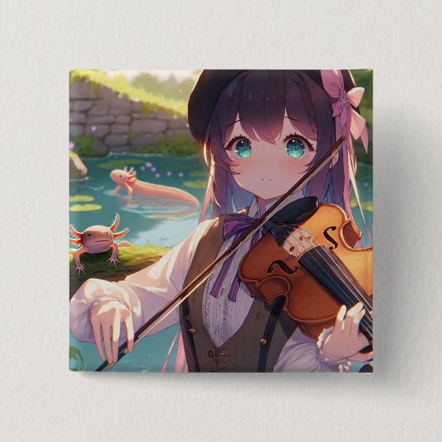 Anime Girl Playing the Violin and Axolotls Button (Front)