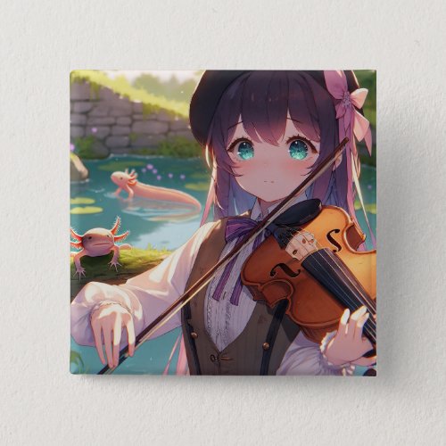 Anime Girl Playing the Violin and Axolotls Button