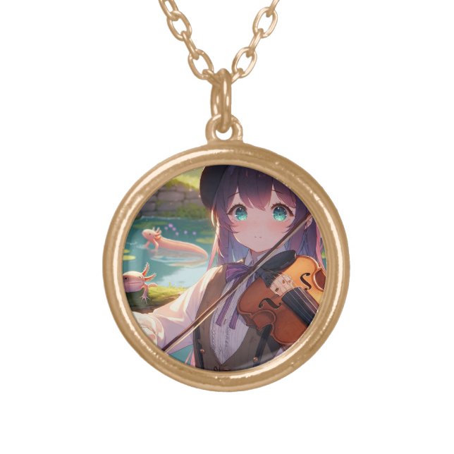 Anime Girl Playing the Violin and Axolotls Gold Plated Necklace (Front)