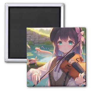 Anime Girl Playing the Violin and Axolotls Magnet