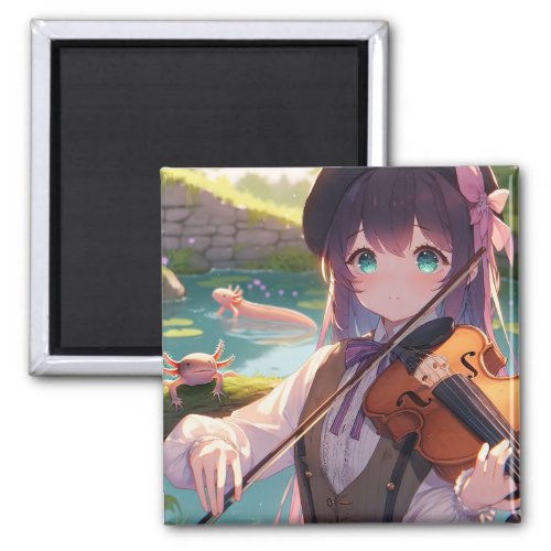 Anime Girl Playing the Violin and Axolotls Magnet