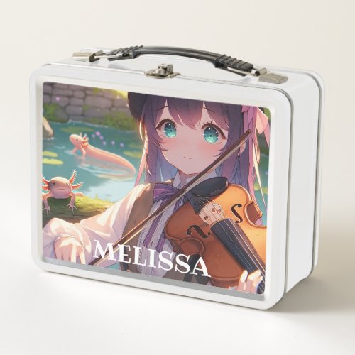 Anime Girl Playing the Violin and Axolotls Metal Lunch Box