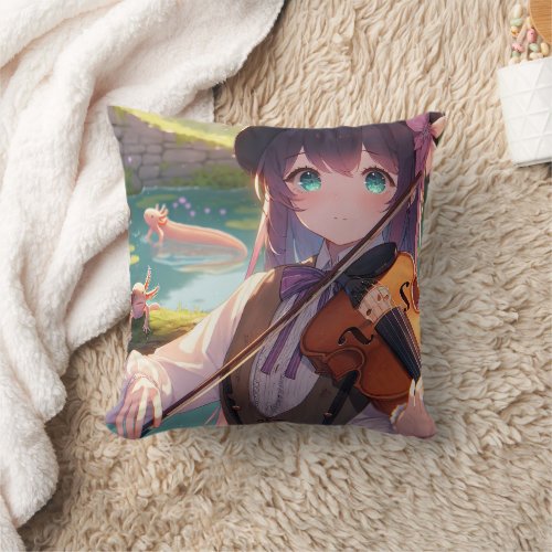 Anime Girl Playing the Violin and Axolotls Throw Pillow