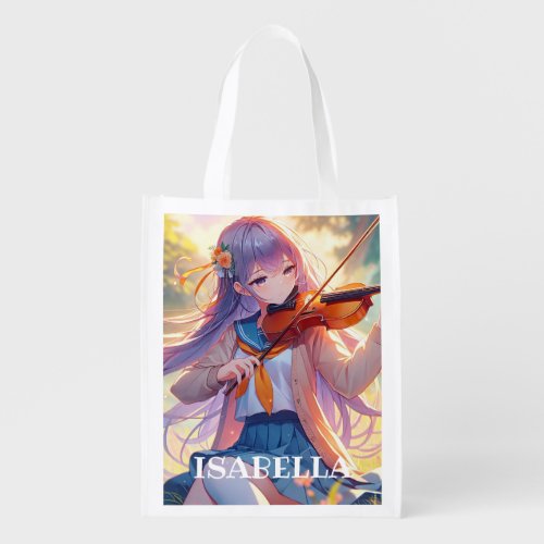 Anime Girl Playing the Violin Personalized Grocery Bag