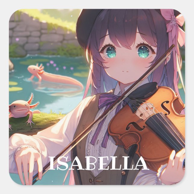 Anime Girl Playing the Violin Personalized Square Sticker (Front)