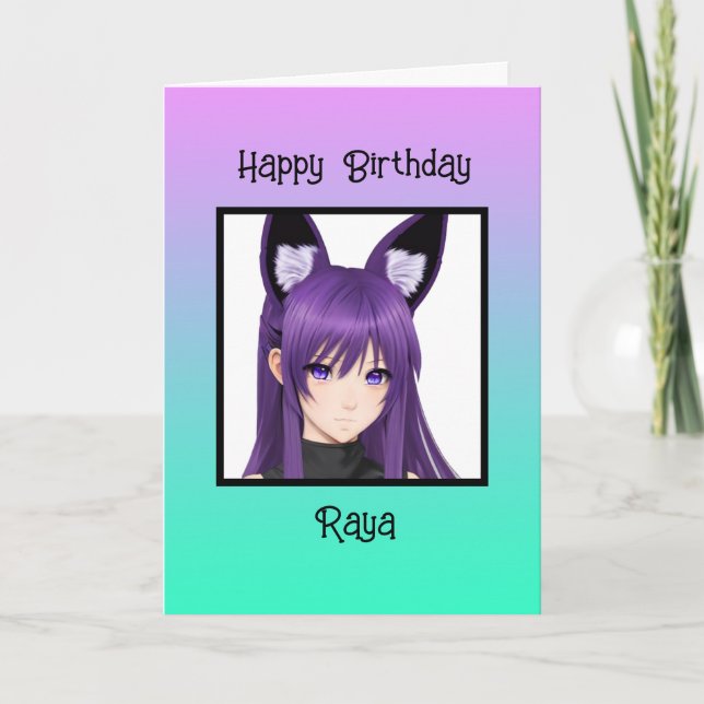 Anime Girl Purple Birthday Personalized Card (Front)